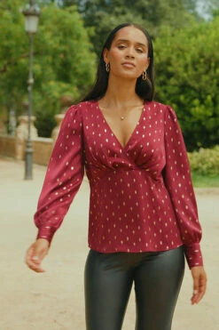 Burgundy & Gold Metallic Spot Print Satin Top -SOSANDAR Sales 99b19e1bcb8b489c878fc78481b0505b8c35976a