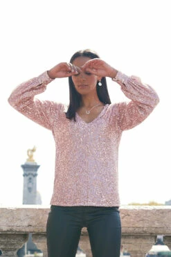 Rose Gold Sequin V Neck Blouson Sleeve Top 17 Rose Gold Sequin V Neck Blouson Sleeve Top -SOSANDAR Sales 9a085e02c6f04da0077cb6a5460d1741c1ef8f99