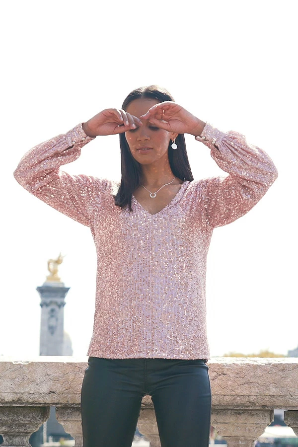 Rose Gold Sequin V Neck Blouson Sleeve Top 10 Rose Gold Sequin V Neck Blouson Sleeve Top - Image 8