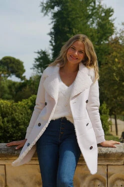 Ecru Luxe Faux Shearling Double Breasted Coat -SOSANDAR Sales 9a76e29521fbc26a02e054e406ecbc2fb79d669b