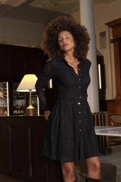 Black Lace Fit & Flare Shirt Dress -SOSANDAR Sales 9b0d1fc91946c74f4f491e42dfce5a7b07589e2b