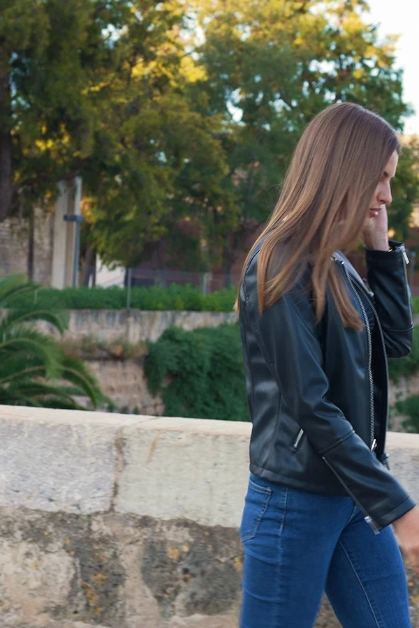 Black Zip Front Round Neck Faux Leather Jacket 7 Black Zip Front Round Neck Faux Leather Jacket - Image 5