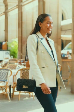 Ivory Boucle Blazer With Faux Leather Trim -SOSANDAR Sales a1844103d421a690059f17068e2fdc63aec1eb26