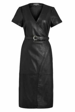 Black Luxury Leather Belted Wrap Dress -SOSANDAR Sales a19dl001 wrap dress black copy