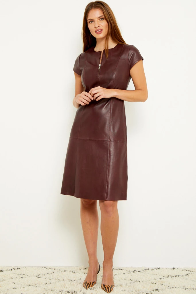 Burgundy Luxury Leather Zip Front Fit & Flare Dress 6 Burgundy Luxury Leather Zip Front Fit & Flare Dress - Image 4