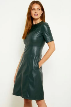 Dark Green Leather Look Panelled Shift Dress -SOSANDAR Sales a19dp006gn 11 1