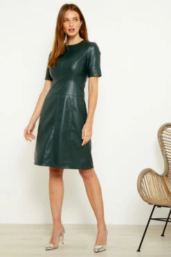 Dark Green Leather Look Panelled Shift Dress -SOSANDAR Sales a19dp006gn 2 1