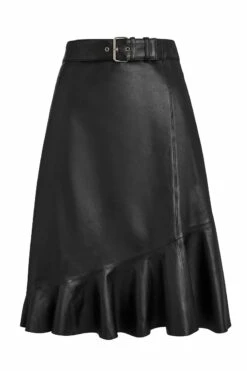 Black Leather Asymmetric Ruffle Hem Skirt 12 Black Leather Asymmetric Ruffle Hem Skirt -SOSANDAR Sales a19sl004 bk0001black leather aline copy
