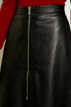 Black Leather Zip Front A-Line Skirt -SOSANDAR Sales a19sl008 106