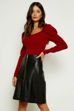 Black Leather Zip Front A-Line Skirt