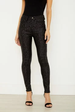 Black Textured Leopard Print Coated Skinny Jeans