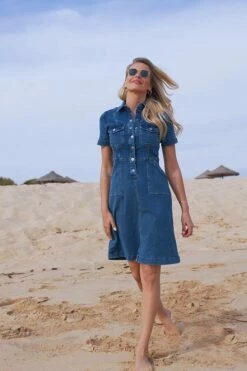 Indigo Blue Popper Front Short Sleeve Stretch Denim Dress -SOSANDAR Sales aa121e473e43bd6a43ac67d09183ffd65d2c0331