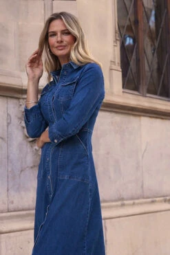 Mid Blue Popper Front Denim Midi Dress With Pockets 13 Mid Blue Popper Front Denim Midi Dress With Pockets -SOSANDAR Sales b4a65496dfcf8cf12e370fbafbd08bed282da95e