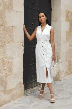 Ivory Belted Denim Midi Dress -SOSANDAR Sales b569f1e143bfdc71d0908cd260955747aed7c5e0