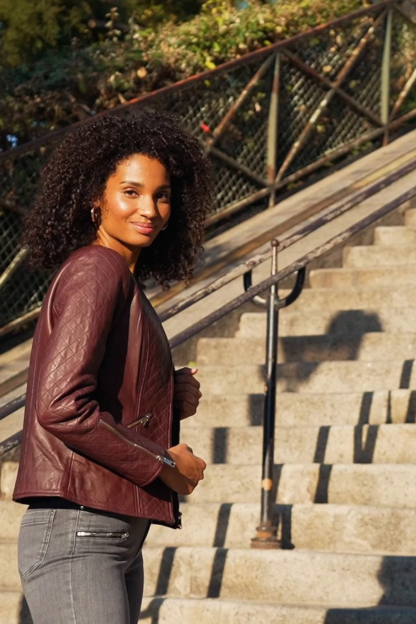 Burgundy Quilted Leather Collarless Jacket 10 Burgundy Quilted Leather Collarless Jacket - Image 8