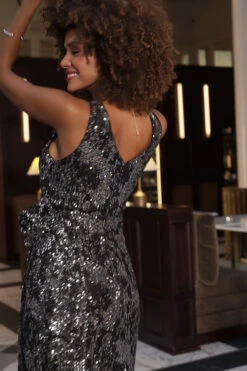 Black & Silver Scattered Sequin Corsage Detail Faux Wrap Dress -SOSANDAR Sales b74c1edffa1961dd8d3720ac4332be018fc53b8a