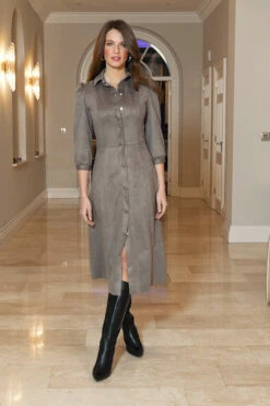 Taupe Faux Suede Popper Front Shirt Dress -SOSANDAR Sales b8fc1a992250f15920235a4e95d1d9ad90a5d23d
