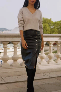 Black Leather Gold Button Midi Pencil Skirt -SOSANDAR Sales ba0bb5023484fc0b6c5b7e655fe74289650d1b91