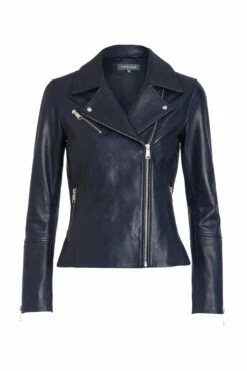 Navy Blue Leather Biker Jacket -SOSANDAR Sales blueleatherjacket