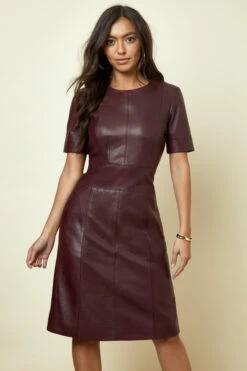 Burgundy Leather Panelled Shift Dress -SOSANDAR Sales burgundy leather shift dress 1