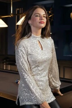 Champagne Gold Sequin Keyhole Detail Tunic Top -SOSANDAR Sales c301f9489d60840470aa2800c269773a64ac50ea