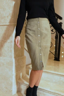 Sage Green Suede Popper Front Pencil Skirt -SOSANDAR Sales c64b585fb160371b4eed9226782d902c05b09f3f