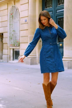 Dark Indigo Button Front Belted Denim Dress -SOSANDAR Sales c841f36936d318056b011bee8afb942911742636