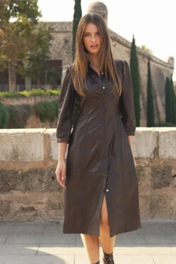 Chocolate Brown Leather Popper Front Shirt Dress -SOSANDAR Sales cbaf558cedd6fbee433c05acb4fc64448f8410ef