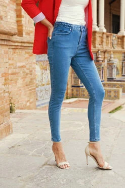 Mid Blue Braid-Detail Skinny Jeans -SOSANDAR Sales cf6a16099dc4c237a5dc765a42826c7a9318e9c0