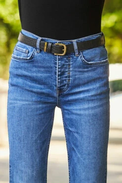 Black Croc Leather Waist Belt With Gold Trim