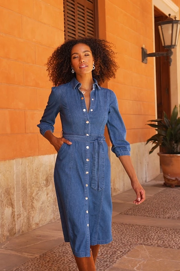 Mid Blue Popper Front Belted Denim Midi Dress 8 Mid Blue Popper Front Belted Denim Midi Dress - Image 6