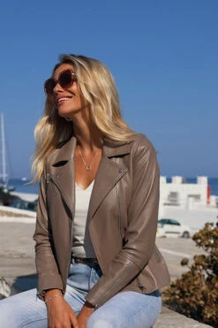 Taupe Leather Biker Jacket -SOSANDAR Sales d6c4ad7c9e0eb0bd524f2e420300a4bb6a1715dc