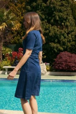 Indigo Blue Popper Front Short Sleeve Denim Dress -SOSANDAR Sales d9ddffdf9d250b03487427d7dea13fe0f392f642