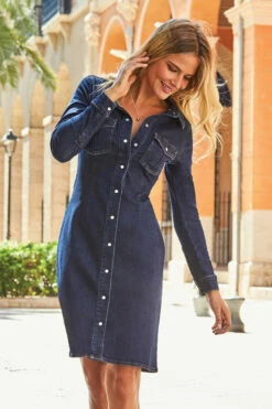 Dark Indigo Popper Front Denim Shirt Dress -SOSANDAR Sales dark indigo popper front denim shirt dress 3