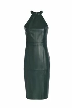 Dark Green Premium Leather Halter Neck Dress -SOSANDAR Sales darkgreenleatherdress