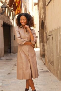 Taupe Faux Leather Popper Front Shirt Dress -SOSANDAR Sales e20df63dd4176093cf70c6080c0ac87f450d9760