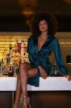 Emerald Green Satin Wrap Front Ruched Midi Dress -SOSANDAR Sales e4bae7dd9a0c4fbef05d246cdd35dcaca5b70209