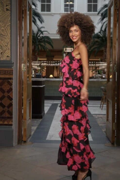 Black & Pink Floral Print Ruffle Detail Maxi Dress -SOSANDAR Sales e5aabd4b9fa38519dca57bd7f95abbd9dafc8837
