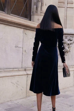 Midnight Blue Velvet Embellished Sleeve Bardot Dress -SOSANDAR Sales ea726573c830f2fe9d5c1fd7894370cb1f898ab2