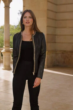 Black Round Neck Leather Jacket With Gold Chain Detail -SOSANDAR Sales ede434bc52309c254bef3001fe86db45f6e170d8