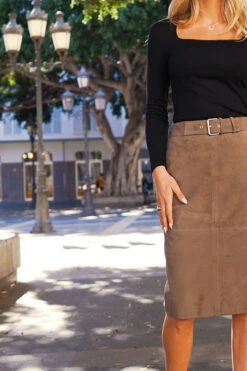 Taupe Suede Buckle Detail Pencil Skirt -SOSANDAR Sales f78b5c8aabbe09490ed626e6265e6105aaff94b3