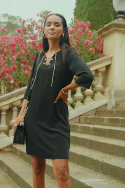 Black Chain Lace Up Shift Dress -SOSANDAR Sales f83825891ad439d1c7557678e835c84a2d06d5d8