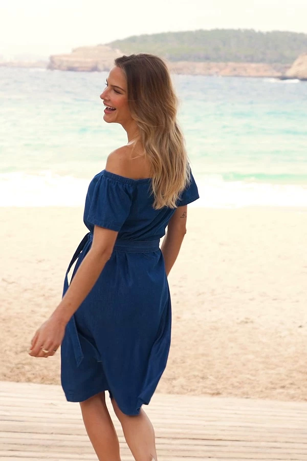 Indigo Blue Button Front Bardot Denim Dress 7 Indigo Blue Button Front Bardot Denim Dress - Image 5