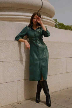 Green Faux Leather Popper Front Shirt Dress -SOSANDAR Sales fce450887f32cd148a6a5cf014112fefc92bd1ef