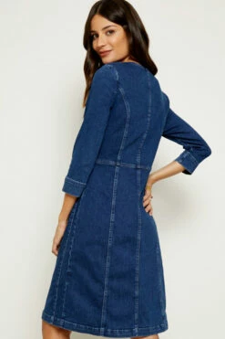 Indigo Zip Front Denim Shift Dress -SOSANDAR Sales indigo back