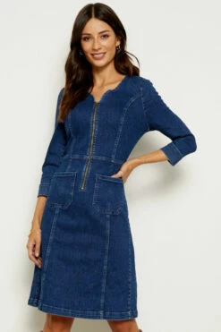 Indigo Zip Front Denim Shift Dress -SOSANDAR Sales indigo front