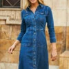 Mid Blue Popper Front Denim Midi Dress With Pockets 2 Mid Blue Popper Front Denim Midi Dress With Pockets -SOSANDAR Sales mid blue popper front denim midi dress with pockets