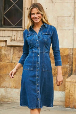 Mid Blue Popper Front Denim Midi Dress With Pockets