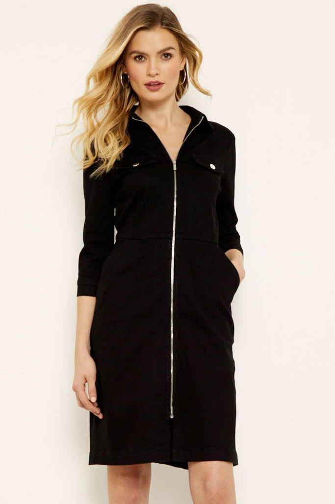 Black Zip Front Denim Dress With Pockets 4 Black Zip Front Denim Dress With Pockets - Image 2