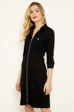 Black Zip Front Denim Dress With Pockets 10 Black Zip Front Denim Dress With Pockets -SOSANDAR Sales s19ds764 3 crop v2
